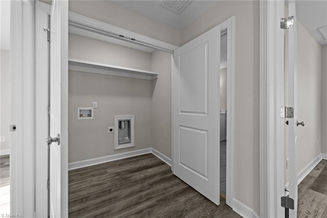 laundry room with visible vents, hookup for an electric dryer, laundry area, dark wood-style flooring, and washer hookup