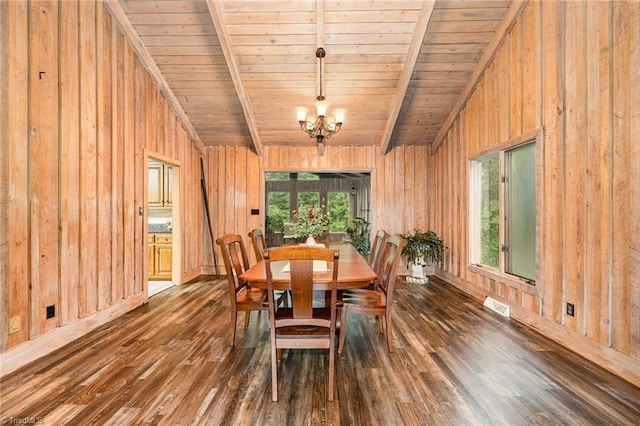 dining area with dark wood finished floors, wood ceiling, healthy amount of natural light, wooden walls, and a chandelier
