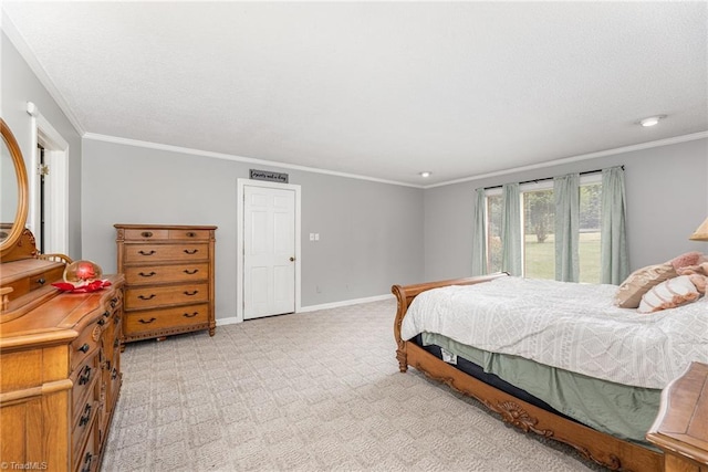 bedroom with light carpet, ornamental molding, and baseboards