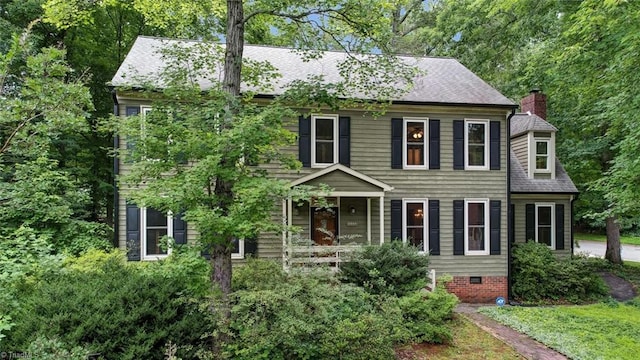 6400 Muirfield Dr, Greensboro, NC 27410 - colonial home featuring roof with shingles, a chimney, and crawl space
