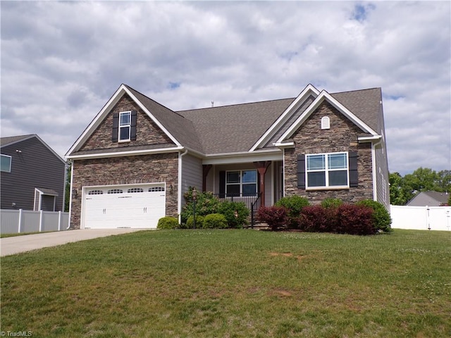 8003 Helison Ct, Stokesdale, NC 27357 - craftsman inspired home with stone siding, concrete driveway, fence, and a front yard