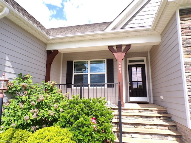8003 Helison Ct, Stokesdale, NC 27357 - property entrance with a shingled roof and covered porch