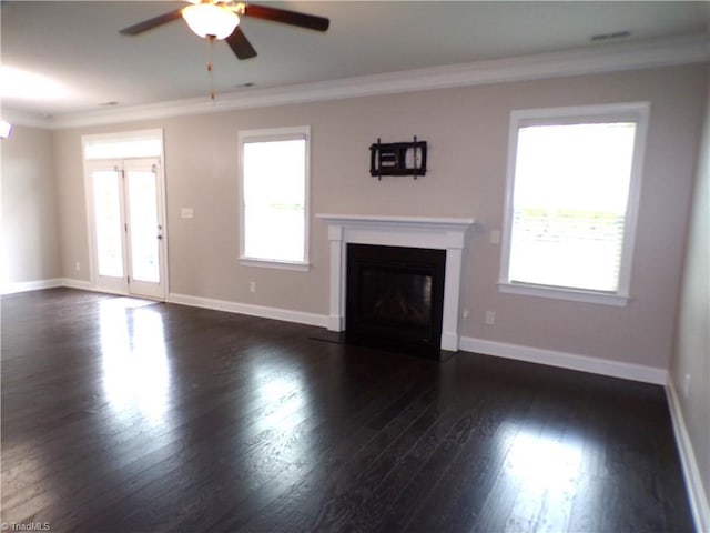 8003 Helison Ct, Stokesdale, NC 27357 - unfurnished living room featuring ceiling fan, crown molding, dark wood-style floors, a fireplace with flush hearth, and baseboards