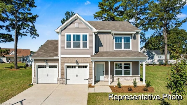 craftsman house featuring driveway, an attached garage, covered porch, a front lawn, and stone siding