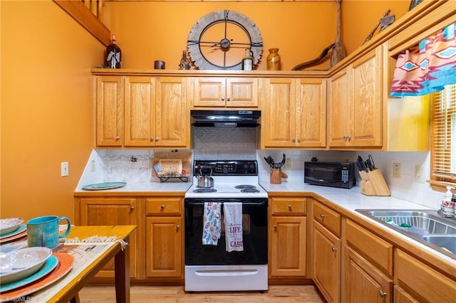 kitchen with light wood-type flooring, white range with electric cooktop, tasteful backsplash, and sink