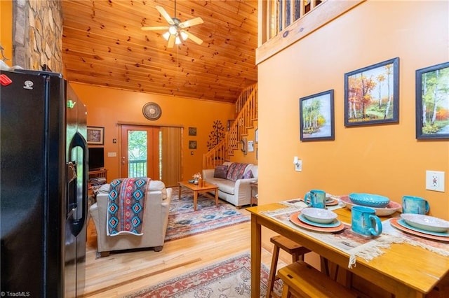 dining space featuring wood-type flooring, wood ceiling, high vaulted ceiling, and ceiling fan