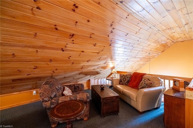 carpeted living room featuring wood ceiling, lofted ceiling, and plenty of natural light