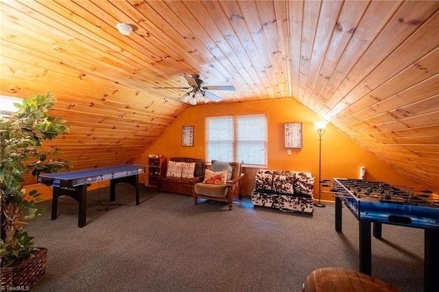 recreation room with ceiling fan, carpet flooring, vaulted ceiling, and wooden ceiling