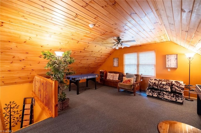 interior space with wooden ceiling, carpet flooring, lofted ceiling, and ceiling fan