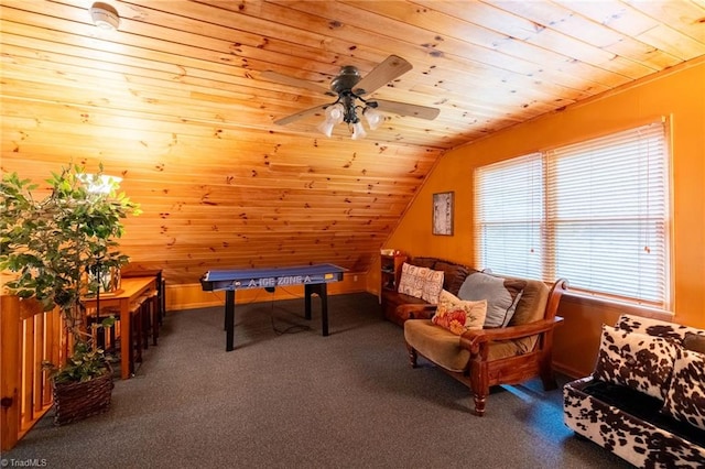 recreation room featuring carpet flooring, lofted ceiling, wooden walls, ceiling fan, and wooden ceiling