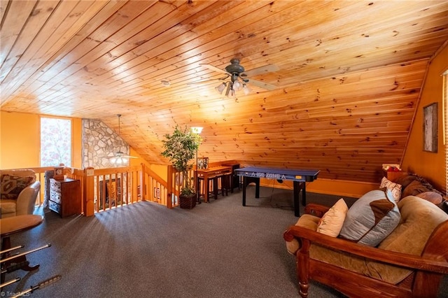 playroom featuring wooden ceiling, carpet, lofted ceiling, and ceiling fan