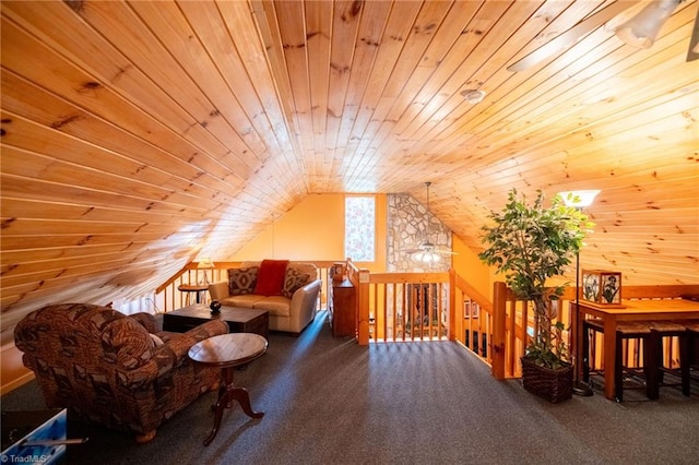 living area with lofted ceiling, wooden ceiling, and carpet flooring