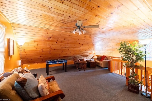 playroom with ceiling fan, wooden walls, carpet, and wooden ceiling