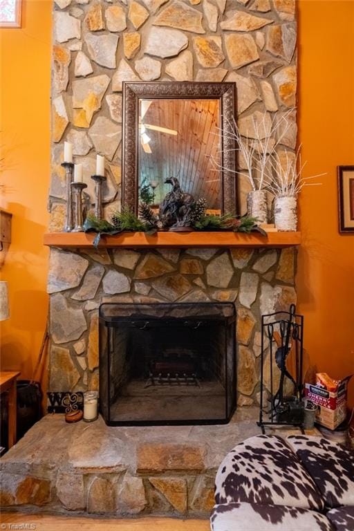 interior details featuring a fireplace