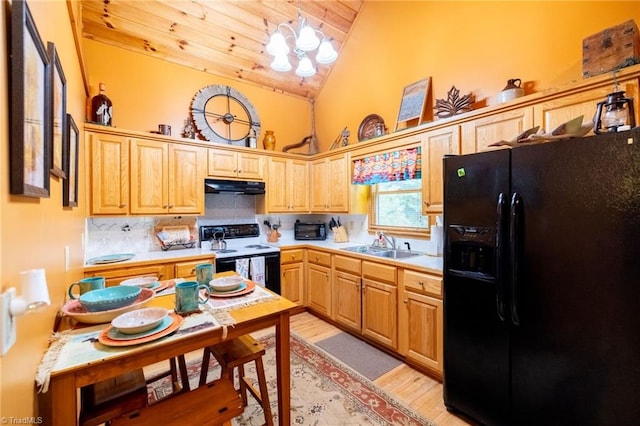 kitchen featuring high vaulted ceiling, black appliances, light hardwood / wood-style flooring, decorative light fixtures, and sink