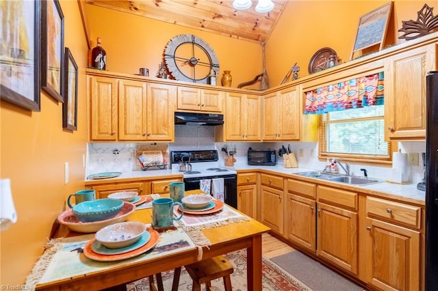 kitchen featuring backsplash, wooden ceiling, black appliances, lofted ceiling, and sink