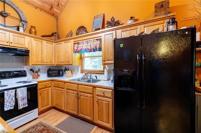 kitchen with sink, black appliances, wooden ceiling, light wood-type flooring, and vaulted ceiling