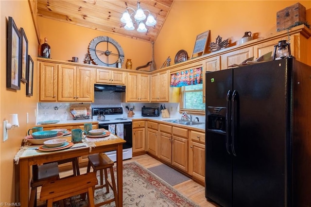 kitchen featuring white electric range, light wood-type flooring, sink, and black fridge with ice dispenser