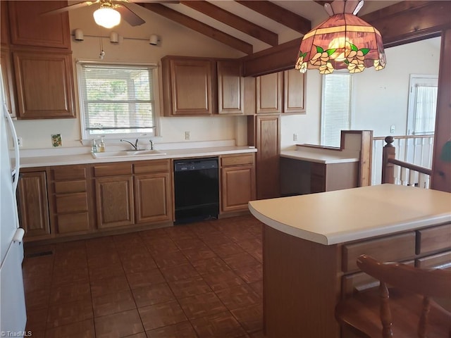 kitchen featuring dark tile patterned floors, sink, pendant lighting, lofted ceiling with beams, and black dishwasher