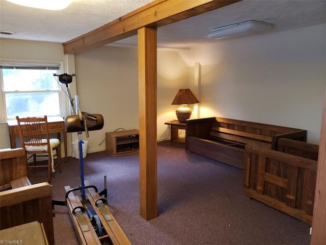 basement with a textured ceiling and dark carpet