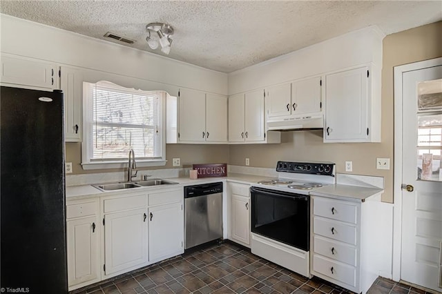 kitchen with white cabinets, black fridge, electric stove, sink, and stainless steel dishwasher