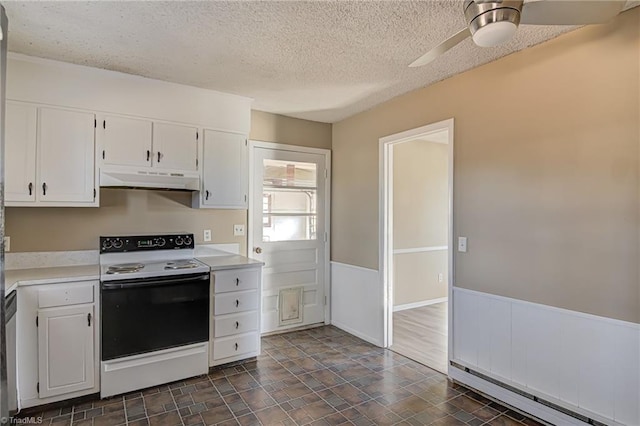 kitchen with white cabinetry, ceiling fan, white electric range, baseboard heating, and a textured ceiling