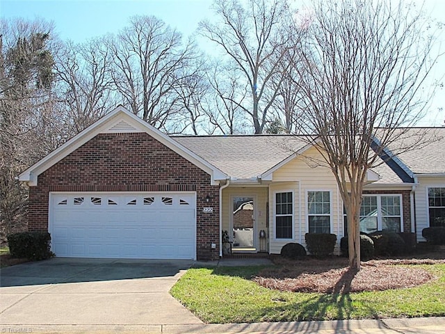 ranch-style house featuring brick siding, an attached garage, concrete driveway, and a shingled roof