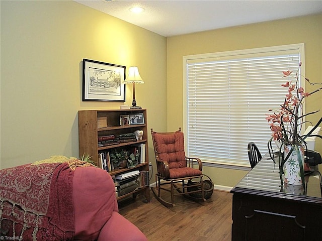 sitting room featuring a wealth of natural light, baseboards, and wood finished floors