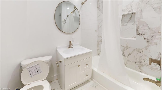 full bathroom featuring vanity, shower / bathtub combination with curtain, and toilet