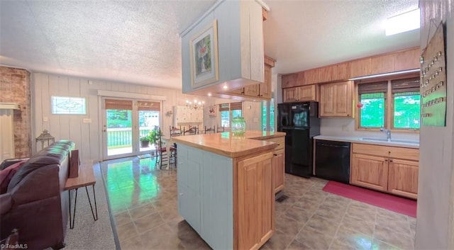 235 Hogan Bowers Rd, Thomasville, NC 27360 - kitchen with black appliances, a textured ceiling, a sink, light countertops, and wood walls