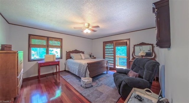 235 Hogan Bowers Rd, Thomasville, NC 27360 - bedroom with access to exterior, a textured ceiling, dark wood-style floors, ceiling fan, and baseboards