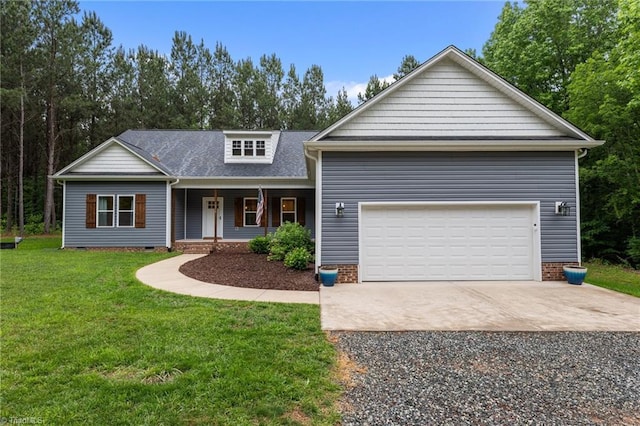 view of front of property featuring a porch, driveway, a front lawn, roof with shingles, and an attached garage