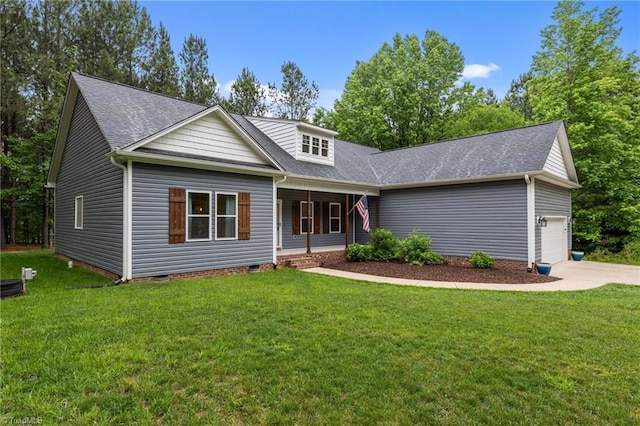 view of front facade featuring a porch, a garage, crawl space, driveway, and a front yard