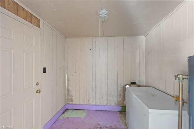 clothes washing area with wooden walls