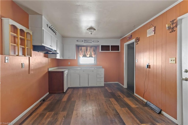 kitchen featuring dark wood-style flooring, baseboards, under cabinet range hood, white cabinets, and a sink