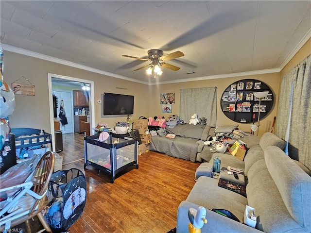 living area featuring a ceiling fan, crown molding, and wood finished floors