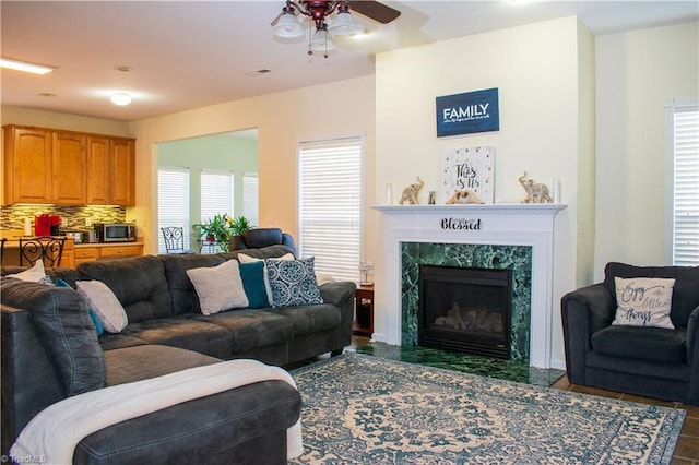 3029 Zacharys Keep Ct, Winston-Salem, NC 27103 - living area with ceiling fan and a premium fireplace