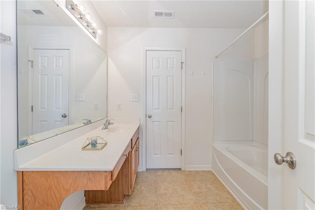 full bath featuring visible vents, shower / bath combination, and vanity