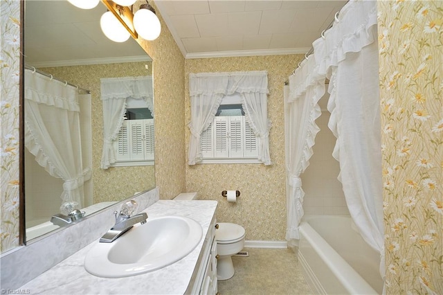 full bathroom with crown molding, shower / tub combo with curtain, vanity, and toilet