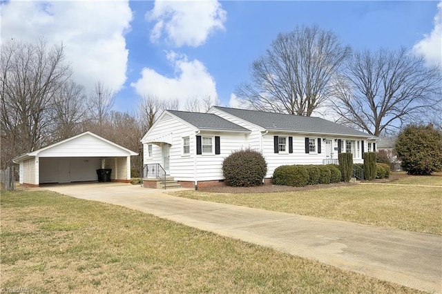 single story home with a garage, a front yard, and a carport