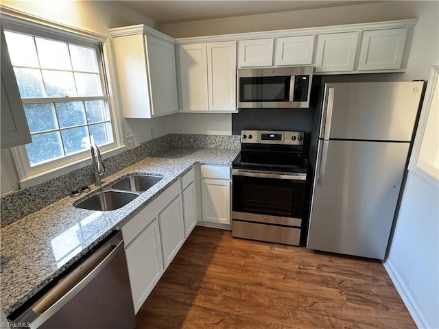 kitchen featuring white cabinetry, appliances with stainless steel finishes, sink, and dark hardwood / wood-style floors