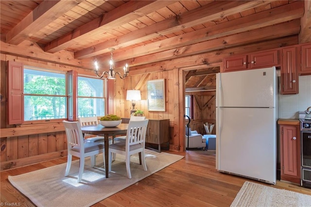 dining area with wood walls, wood ceiling, and light wood-style floors