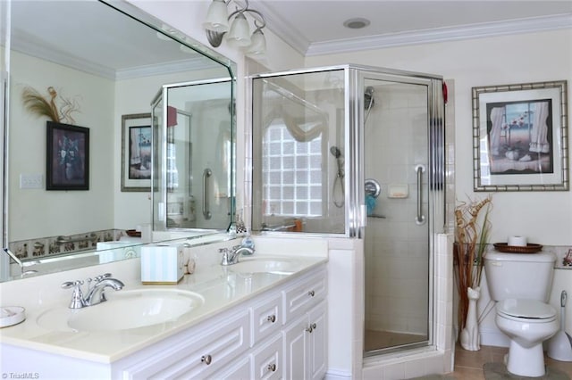 bathroom featuring an enclosed shower, crown molding, and tile patterned flooring