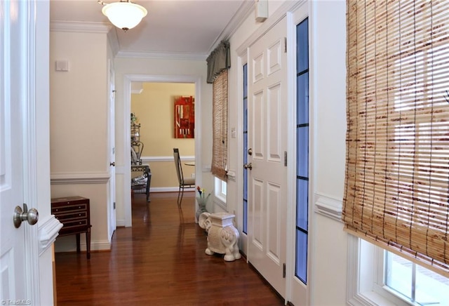 hall with dark hardwood / wood-style floors, crown molding, and a healthy amount of sunlight