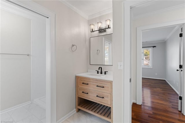 bathroom with vanity, hardwood / wood-style flooring, and crown molding