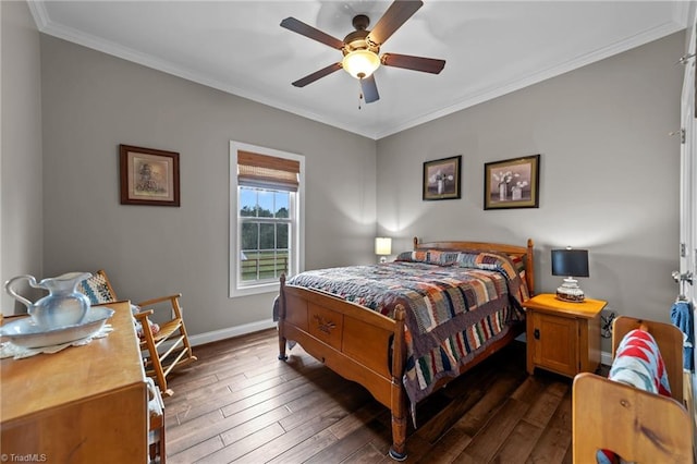 bedroom with ornamental molding, dark hardwood / wood-style flooring, and ceiling fan