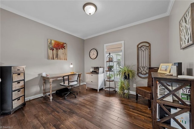 office with ornamental molding and dark hardwood / wood-style flooring