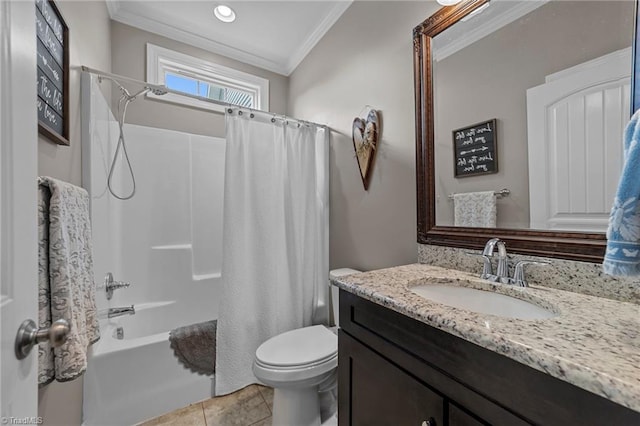 full bathroom featuring vanity, toilet, crown molding, tile patterned flooring, and shower / tub combo with curtain