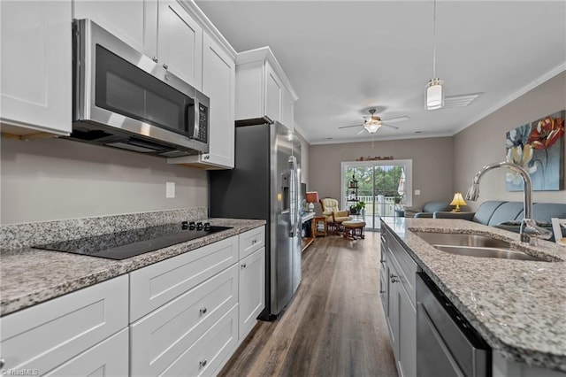 kitchen with sink, white cabinetry, appliances with stainless steel finishes, dark hardwood / wood-style floors, and crown molding