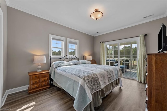 bedroom with ornamental molding, access to exterior, and dark wood-type flooring